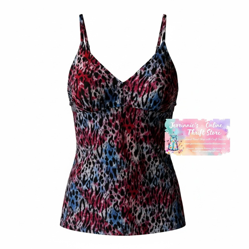 Pink and Blue Leopard Print Mesh Tankini Swim Top V-Neck Adjustable Straps